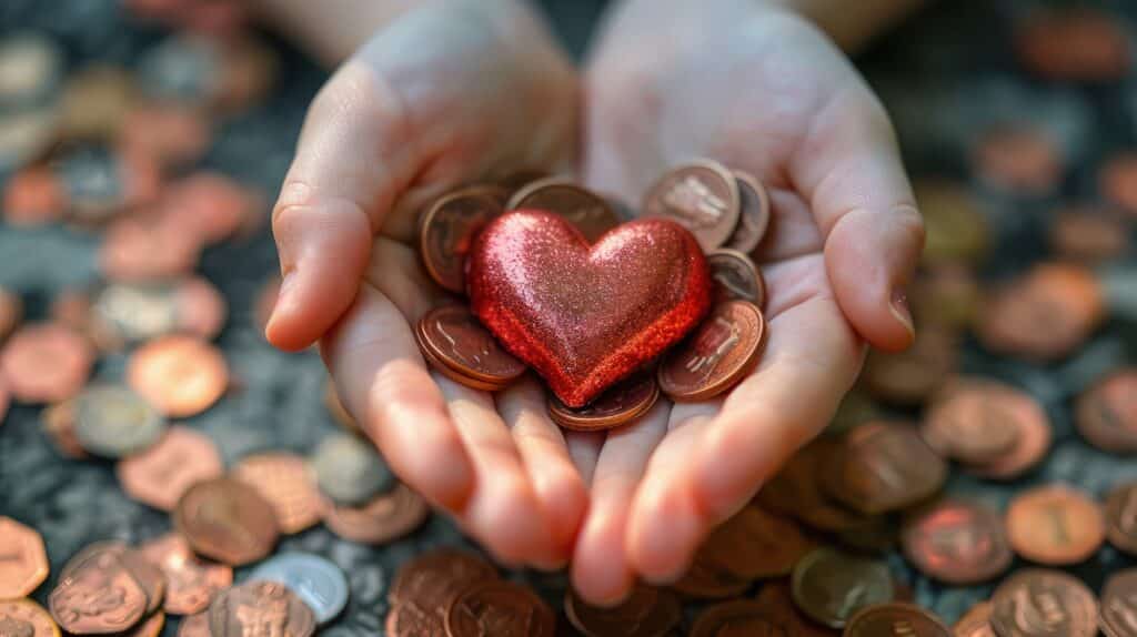 open hands holding a coins and heart